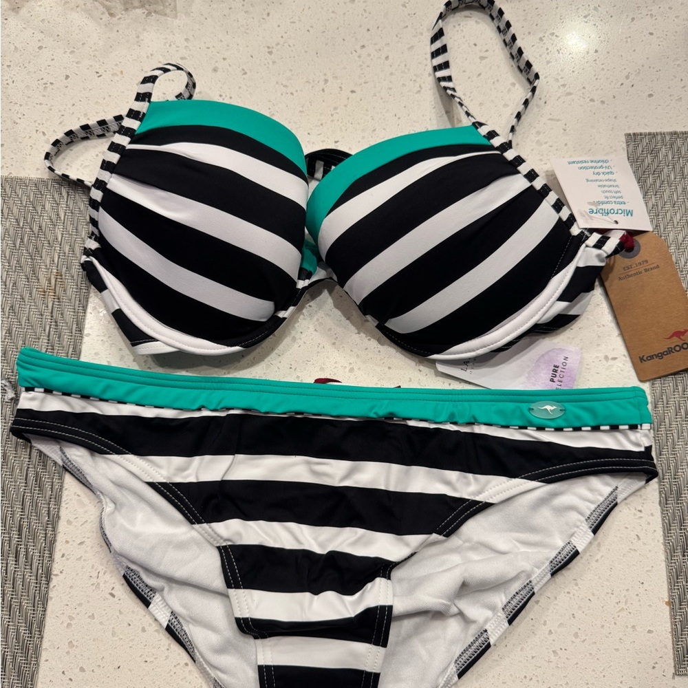kangaROOS Black and White Striped Bikini with Green Accents